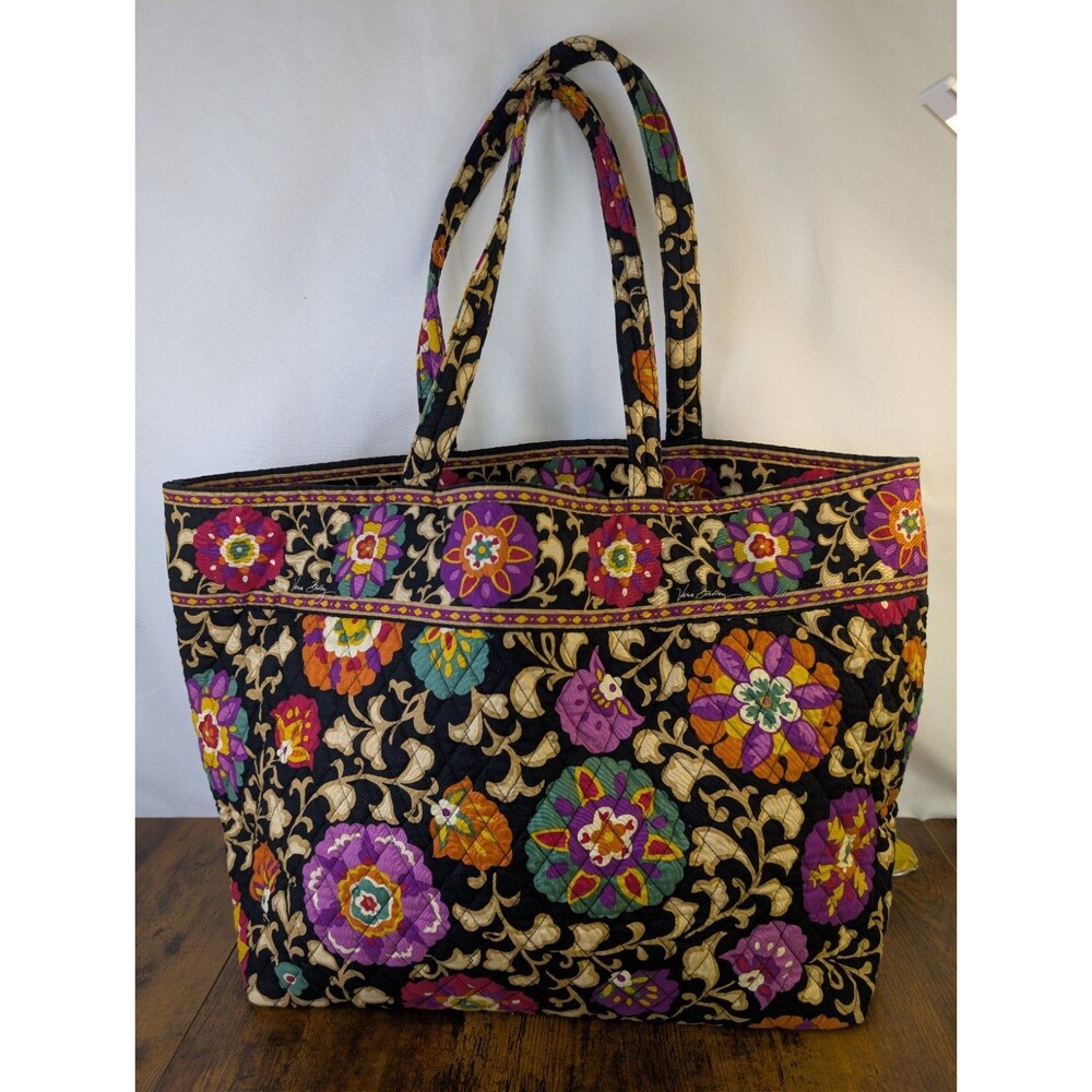 Vera Bradley Original Vera Tote Bag Suzani Pattern Retired Black Floral EUC